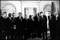 John F. Kennedy meets with Martin Luther King, Jr. and the leaders of the March on Washington in the Oval Office August 28, 1963. With more extensive press coverage than any previous political demonstration in U.S. history, the march and King's speech were historic moments in the Civil Rights movement.