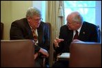 Vice President Cheney speaks with Speaker of the House Dennis Hastert in the Cabinet Room following a meeting about the military with members of Congress January 23, 2002.