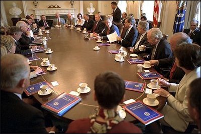 President George W. Bush discusses the creation of the Department of Homeland Security with members of Congress in a meeting in the Cabinet Room July 16, 2002. 