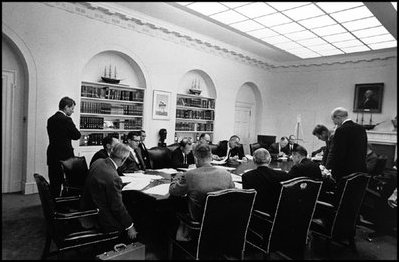 President John Kennedy holds a meeting in the Cabinet Room with his advisors and Vice President Lyndon Johnson during the Cuban Missile Crisis October 29, 1962.