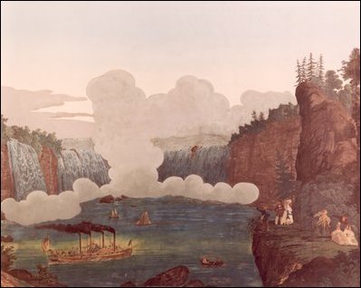 Based on engravings of the 1820s, one of the panels depicts Niagara Falls.