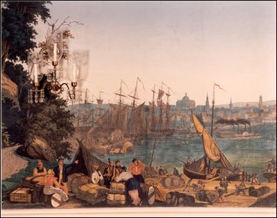 One panel features a scene of Boston Harbor.