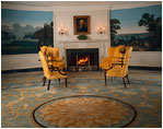 Decorating the walls of this oval room is a panoramic wallpaper called "Views of North America" that was first printed in 1834 by Jean Zuber et Cie. These fanciful scenes portray American landscapes that were admired by Europeans.