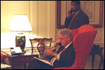 President William Clinton makes a phone call from the historic Map Room. The Map Room was created during World War II as Franklin Roosevelt’s War Room. 
