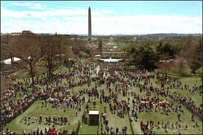Last year the festivities were cancelled because of rain, making this year's festivities on the South Lawn, April 1, 2002, the first White House Easter Egg Roll of President George W. Bush's Administration.