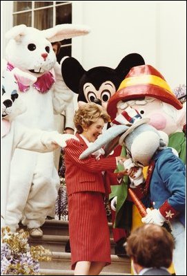 Former First Lady Nancy Reagan greets life-size characters at the White House Easter Egg Roll. Nancy Reagan attended the Easter Egg Roll as a child. 