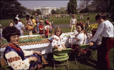 In 1975, Mrs. Ford introduced Ukrainian egg-decorating demonstrations to the White House Easter Egg Roll. Plastic eggs were used in place for real eggs for the first time this year. 