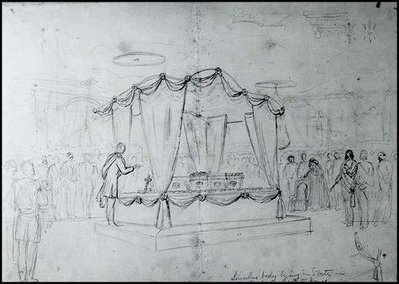 This drawing by Alfred Waud shows Lincoln's coffin resting on a catafalque in the East Room of the White House April 18, 1865. Because he and other artists were not allowed to attend the funeral, Waud viewed the casket before the funeral and included Mrs. Lincoln, who did not attend the service, in his drawing.