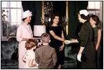 Jacqueline Kennedy greets the wives of astronauts, America's newest heroes and explorers, in the Green Room May 8, 1961.