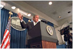 President George W. Bush addresses the media during a press conference in the White House's James S. Brady Press Briefing Room March 13, 2002.