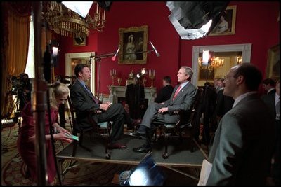 President George W. Bush speaks to Frank Sesno in the Red Room for a History Channel special on Ronald Reagan May 1, 2002. 