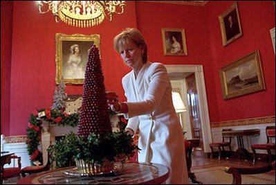 White House Assistant Chief Florist Wendy Elsasser carefully checks each berry of the Red Room Cranberry. Exacting four days of patient care, the tree is a 19-year White House holiday tradition. The practice of decorating the White House rooms with fresh flowers began in the 1850s.