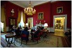 Before a performance by Eugene Kohn on the White House Steinway piano, Laura Bush hosts an arts discussion called an "operalogue" in the Red Room April 17, 2002. The Red Room was Dolley Madison's music room and housed her piano and guitar.