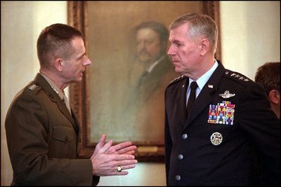 Led by General Richard Myers, the 15th Chairman of the Joint Chiefs of Staff, the Joint Chiefs meet in the Roosevelt Room Oct. 24, 2001.