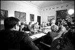 President Jimmy Carter meets with member of his Economic Policy Group in the Roosevelt Room March 28, 1977. Named the Fish Room during Franklin Roosevelt’s administration, this rectangular conference room originally displayed the President’s fishing mementos.