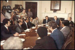 President Ford meets with Middle-Eastern Ambassadors in the Roosevelt Room August 9, 1974 shortly after his inauguration as the 38th President of the United States. Ford’s predecessor, Richard Nixon, gave the room its name in 1969 to honor Theodore Roosevelt for constructing the West Wing and Franklin Roosevelt for expanding it.