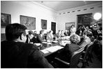 President Jimmy Carter meets with members of his Economic Policy Group in the Roosevelt Room March 28, 1977. Named the Fish Room during Franklin Roosevelt’s administration, this rectangular conference room originally displayed the president’s fishing mementos.