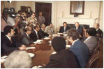 President Ford meets with Middle-Eastern Ambassadors in the Roosevelt Room August 9, 1974 shortly after his inauguration as the 38th President of the United States. Ford’s predecessor, Richard Nixon, gave the room its name in 1969 to honor Theodore Roosevelt for constructing the West Wing and Franklin Roosevelt for expanding it.