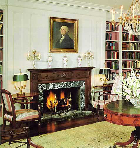 Picture of the fireplace in the Library