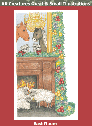 This illustration shows a horse, racoons and sheep gathered around a fireplace in the East Room. The chandelier is reflected in the mirror above the mantel.