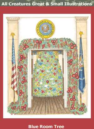 This illustration shows the Blue Room tree, which is decorated by hand-made bird ornaments.