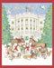 This illustration shows presidential pets on the North Lawn of the White House including dogs, sheep, a turkey and a goldfish.