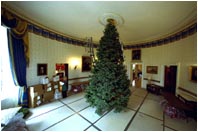 From hanging the lights to lighting the President's portrait, staff and volunteers transform the stately Blue Room into a place glistening with holiday cheer. Each year the chandelier in the Blue Room is removed to make way for the White House Christmas tree.