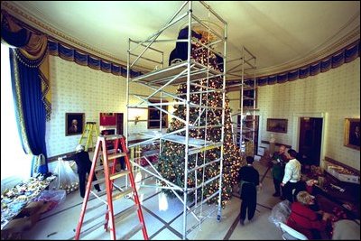 Volunteers carefully place red and gold balls and hundreds of hand-crafted bird ornaments on the White House Christmas tree. From turkeys to cardinals, artisans from across the country chose birds native to their state to create a White House ornament.