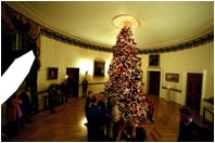 The President and Mrs. Bush greet their guests before posing for a picture in front of the White House Christmas tree.