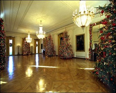 Many of the presidential animals can be found along the mantles in the East Room. This room, where so many important White House events are held, is decorated in spruce trees and garland to complete the East Room's bright and festive decorations.