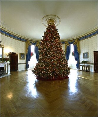 The Blue Room has long been the location of the official White House Christmas Tree. Ed and Cindy Hedlund and their son Thomas, of Hedlund Christmas Farm in Elma, Washington, presented this year's 18-foot noble fir to President George W. Bush and wife Laura Bush.