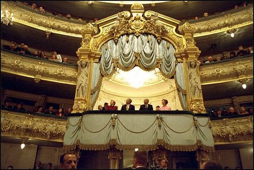 President Bush and Mrs. Bush attend a performance of “The Nutcracker” at Mariinsky Theater May 25. Also known as the Kirov, the theater is noted for its ballets. White House photo by Paul Morse.