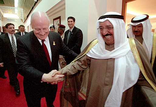 Vice President Dick Cheney jokes with First Deputy Prime Minister Sabah prior to departure from Kuwait City, Kuwait, March 18. White House photo by David Bohrer.