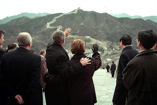 President Bush and Mrs. Bush tour the Great Wall of China, Friday, Feb. 22, in Badaling, China. President Richard Nixon visited the same Badaling area of the wall during his trip to China. "Thirty years ago, leaders of China and the United States acted together to put an end to mutual estrangement and open the gate for exchanges and cooperation between the two countries," said Chinese President Jiang of the historic trip. White House photo by Eric Draper.