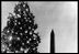 The 1940 National Community Christmas Tree, lit by President Franklin D. Roosevelt, glows in front of the Washington Monument. 