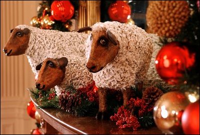 On the southeast mantel are three sheep brought to the White House by President Woodrow Wilson during World War I to keep the lawn of the White House neat and trim. President Wilson served from 1913 to 1921.