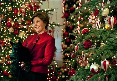 Barney helps Mrs. Bush give the media a tour of the White House decorations.