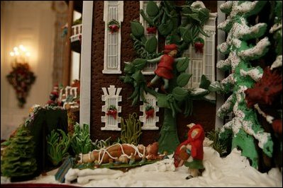 Frolicking and eating their way through the sugary snow around the gingerbread house are many literary characters such as the Very Hungry Caterpillar, James and the Giant Peach and the Three Little Pigs.