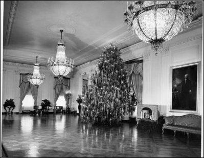 This illustrates an early view of the East Room during Christmas.