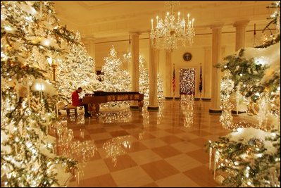 Christmas trees light up the Grand Foyer as a military pianist fills the State Floor with music as guests arrive for a Christmas reception at the White House Dec. 3, 2004. 