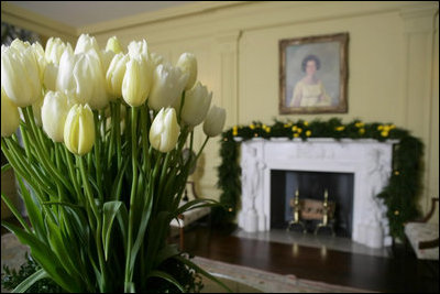 Decorated with tulips and Boxwood Garland, the Vermeil Room is home to several portraits of First Ladies, including the Lady Bird Johnson.