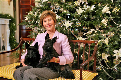 Laura Bush poses with Barney and Miss Beazley next to the White House Christmas Tree.