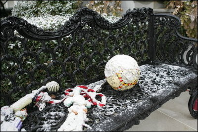 As Barney and Miss Beazley frolic among the holiday decorations, their toys are left outside in the snow Monday, Dec. 5, 2005.