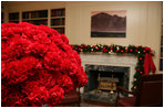 Red carnations in silver containers bloom as the centerpiece of the White House Library.