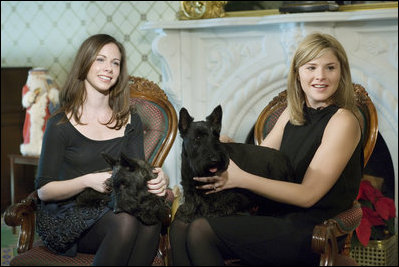 Barbara and Jenna Bush join Miss Beazley and Barney, during a visit to the Lincoln Bedroom Sunday, Nov. 25, 2007, for the taping of Barney Cam.