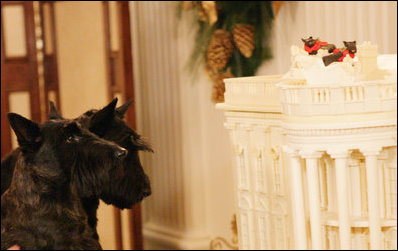Barney and Miss Beazley take a close look at the 2007 white chocolate gingerbread White House in the East Room, Wednesday, Nov. 28, 2007, with a likeness of themselves on the roof.