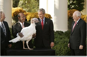 President George W. Bush pardons the Thanksgiving turkey.