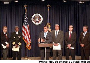Director of the Office of Homeland Security Tom Ridge holds a press conference in the Dwight D. Eisenhower Office Building.