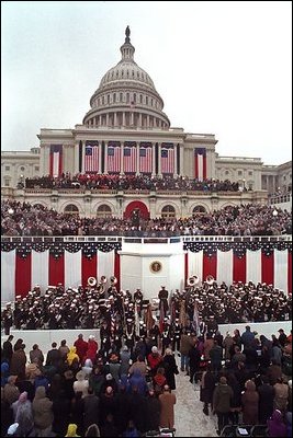 A crowd estimated at 300,000 braved the cold and drizzle to attend the inauguration ceremony for George W. Bush as he was sworn in as the 43rd president of the United States at the U.S. Capitol, Jan. 20, 2001.