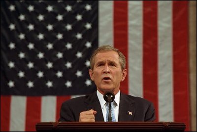 In a historic address to the nation and joint session of Congress on Sept. 20, 2001, President Bush pledges to defend America's freedom against the fear of terrorism. "The course of this conflict is not known, yet its outcome is certain," President Bush said during his speech at the U.S. Capitol. "Freedom and fear, justice and cruelty, have always been at war, and we know that God is not neutral between them."